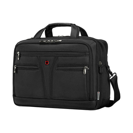 Black laptop bag or briefcase with multiple compartments and a shoulder strap.