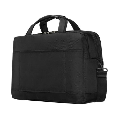 Black laptop bag with handles and a shoulder strap.