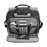 Laptop bag with multiple compartments and pockets for organizing various electronic devices and accessories.