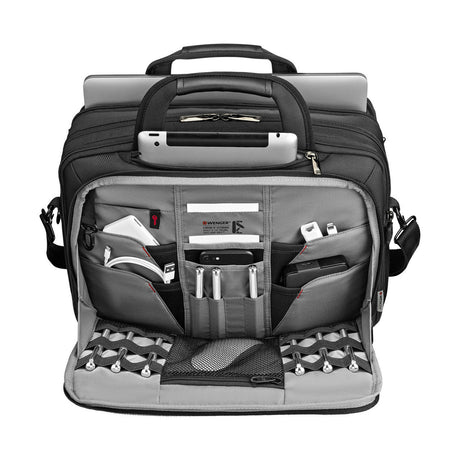 Laptop bag with multiple compartments and pockets for organizing various electronic devices and accessories.