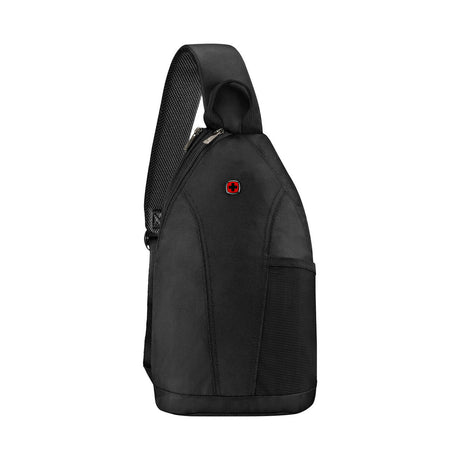Black single-strap backpack with a small red logo.