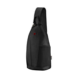 Black sling backpack with a single shoulder strap and small red logo.