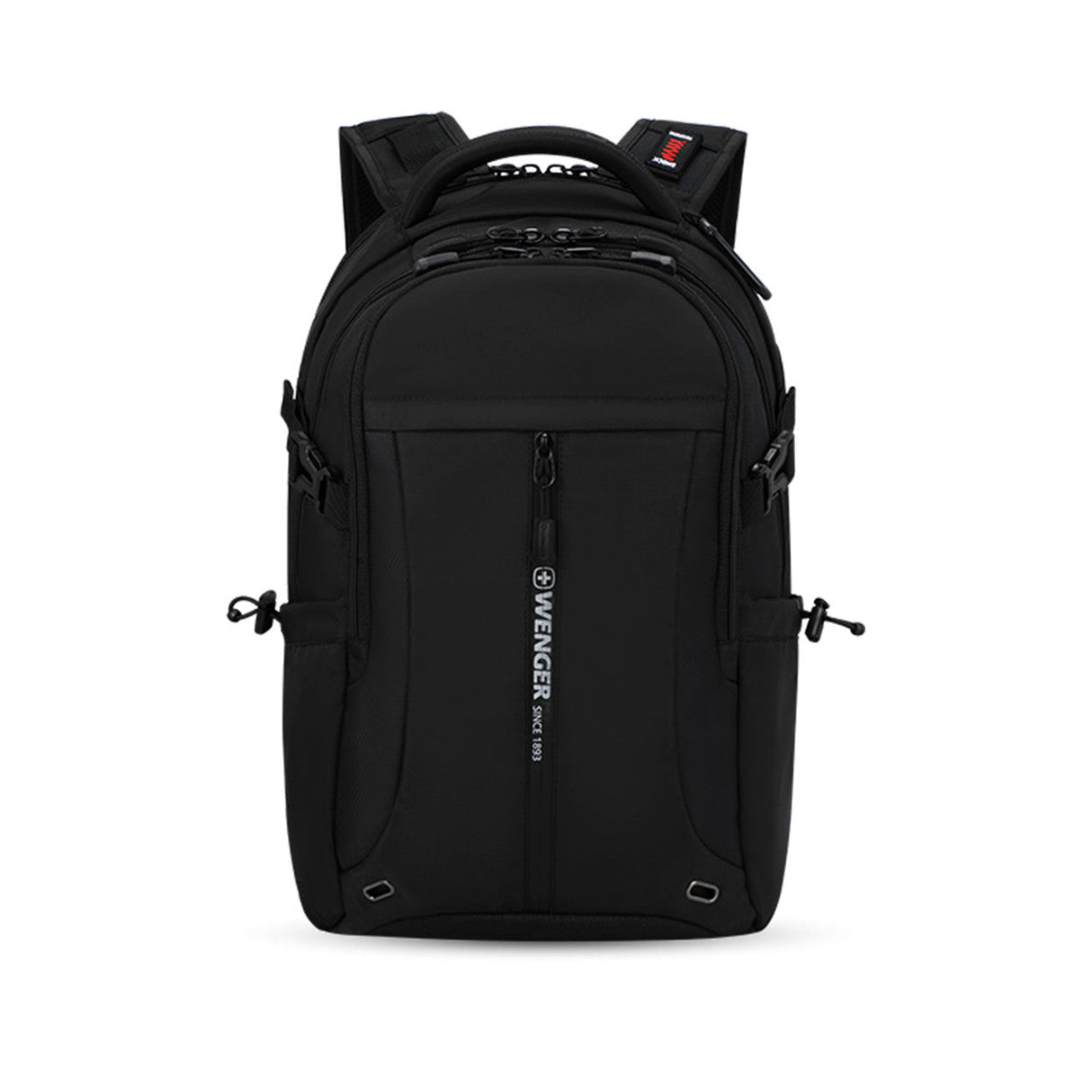 Black backpack with multiple compartments and zippers.