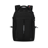 Black backpack with multiple compartments and zippers.