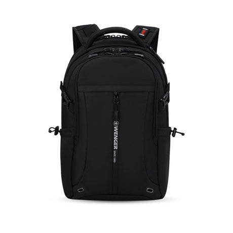 Black backpack with multiple compartments and zippers.