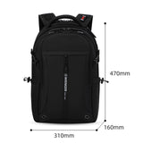 Black backpack with multiple compartments and dimensions displayed.