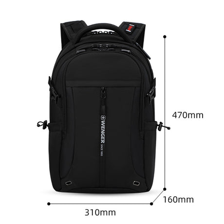 Black backpack with multiple compartments and dimensions displayed.