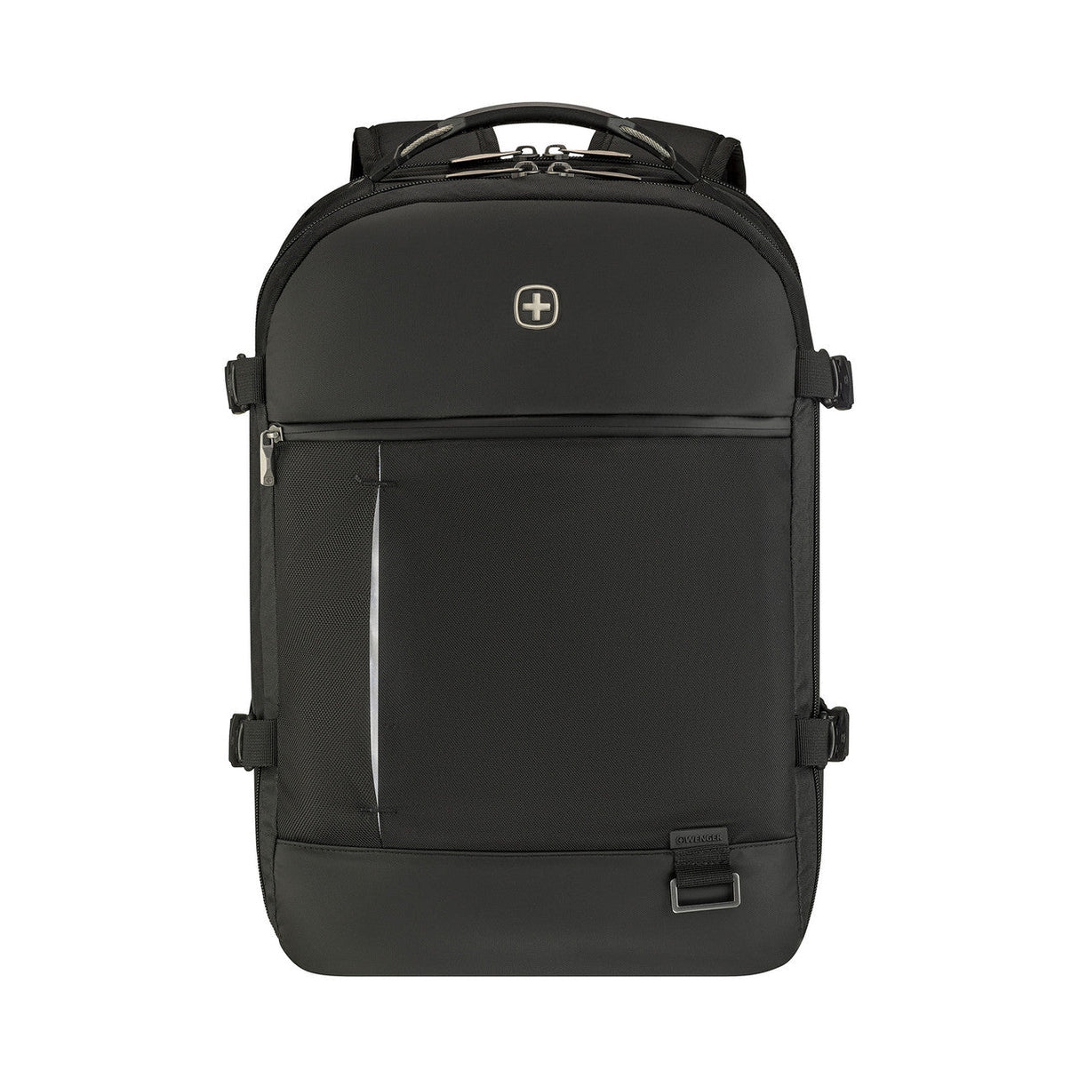 Black backpack with multiple compartments and a Swiss Army logo.
