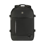 Black backpack with multiple compartments and a Swiss Army logo.