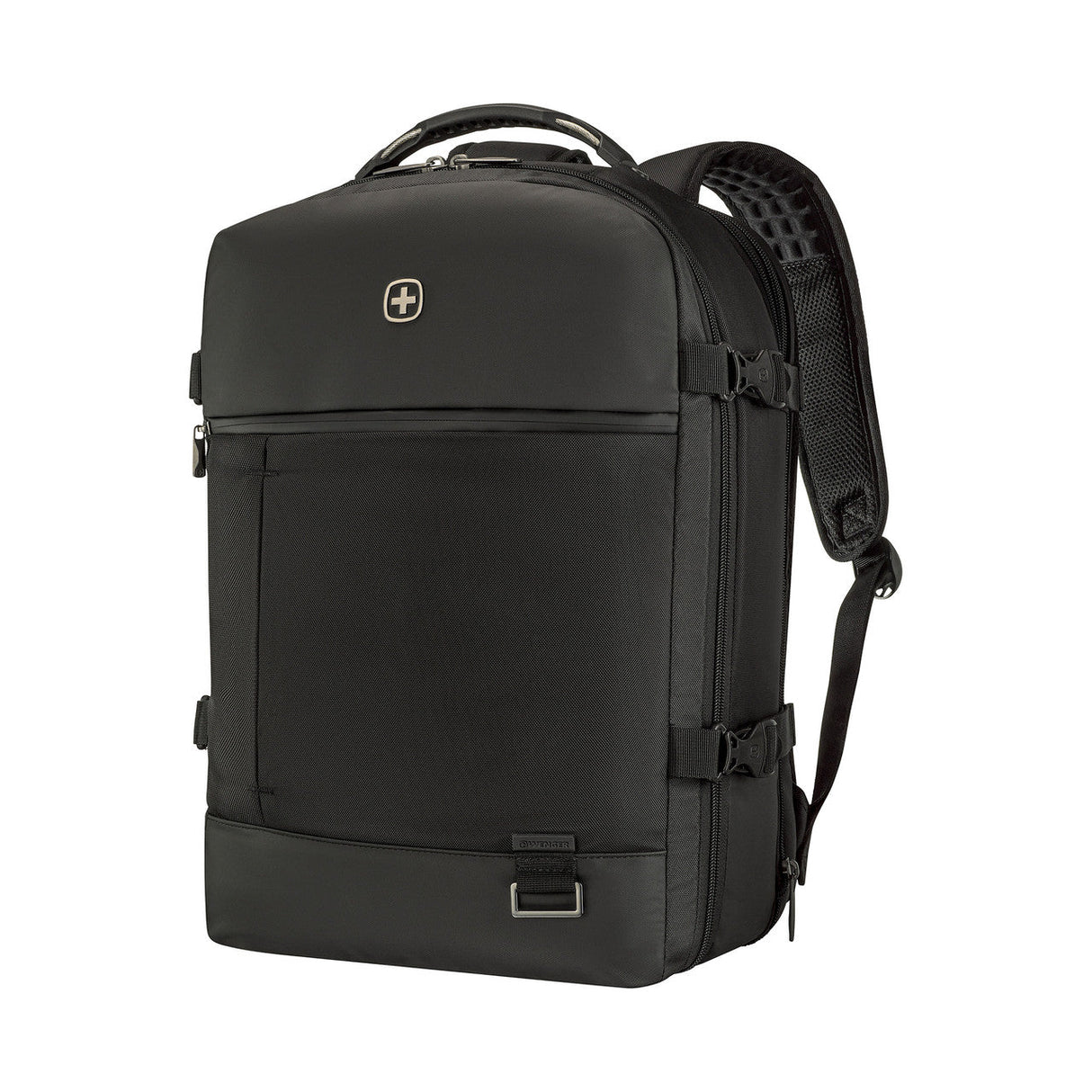 Black travel backpack with multiple compartments and padded straps.