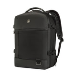 Black travel backpack with multiple compartments and padded straps.