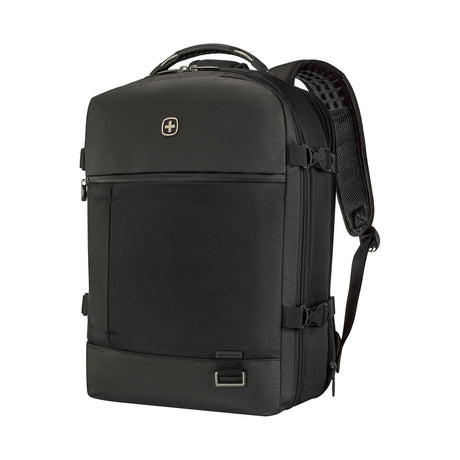 Black travel backpack with multiple compartments and padded straps.