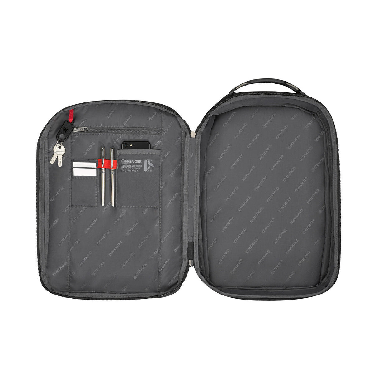 Open laptop bag or briefcase with interior compartments for organizing items.