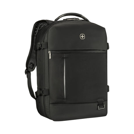 Black backpack with multiple compartments and a Swiss Army logo.