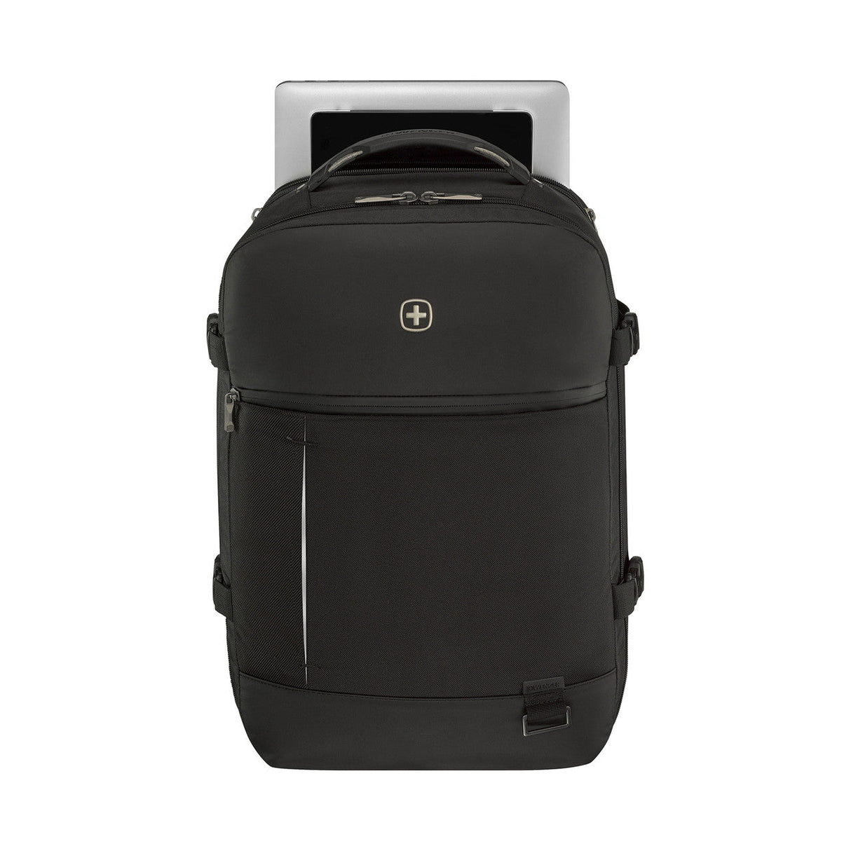 Black backpack with multiple compartments and a Swiss cross logo.
