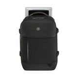 Black backpack with multiple compartments and a Swiss cross logo.