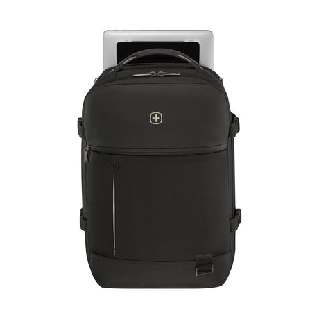 Black backpack with multiple compartments and a Swiss cross logo.