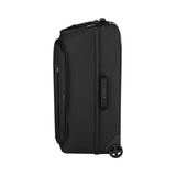 Black wheeled suitcase with a sleek, upright design.