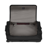 Open black wheeled suitcase or travel bag with a light-colored interior lining.