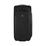 Black wheeled suitcase with a front pocket and handle.