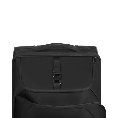 Black fabric suitcase or luggage with a front pocket and buckle strap.