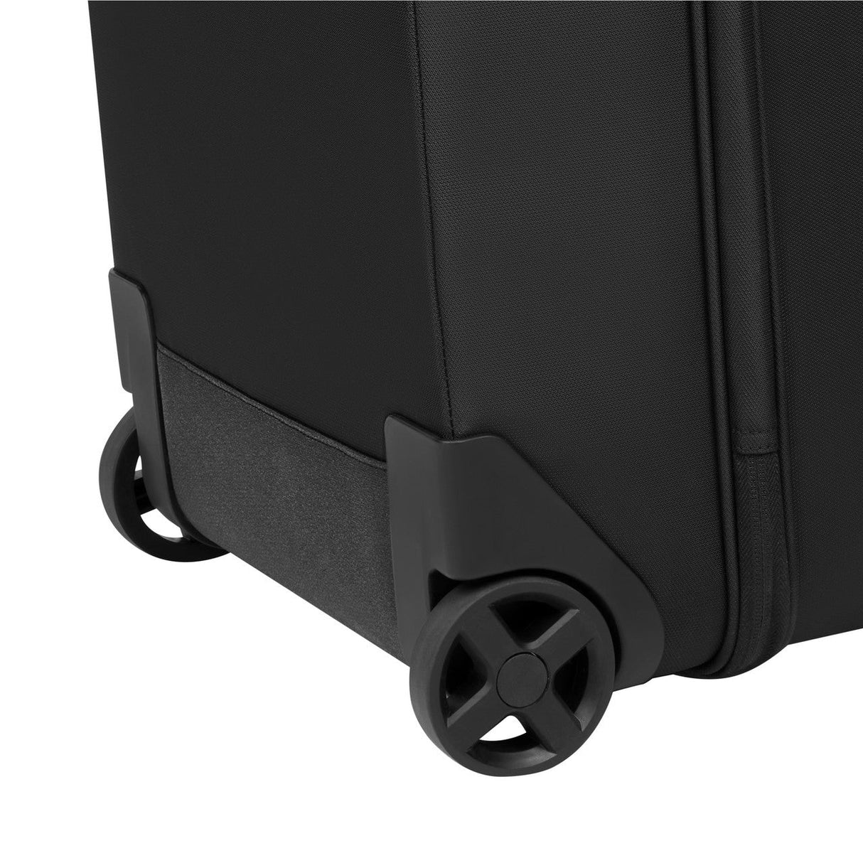 Wheels of a rolling suitcase or luggage bag.
