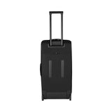 Black rolling suitcase with an extendable handle.