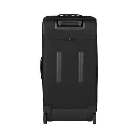 Black rolling suitcase with retractable handle and two vertical stripes on the back.