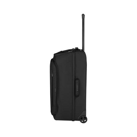 Black wheeled suitcase with an extendable handle.