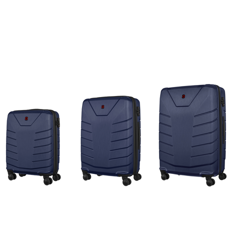 Set of three navy blue hardshell suitcases with ridged designs.
