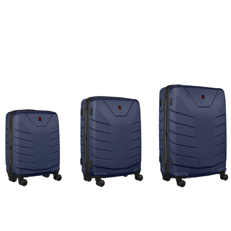 Set of three navy blue hardshell suitcases with wheels.