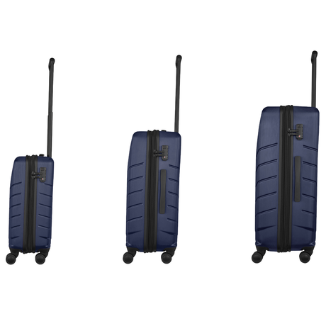 Set of three navy blue hardshell suitcases with extendable handles and wheels.