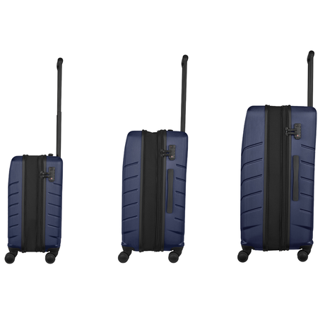 Set of three navy blue hardshell rolling suitcases with extendable handles.
