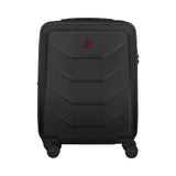 Black hardshell rolling suitcase with a textured exterior and small red logo.