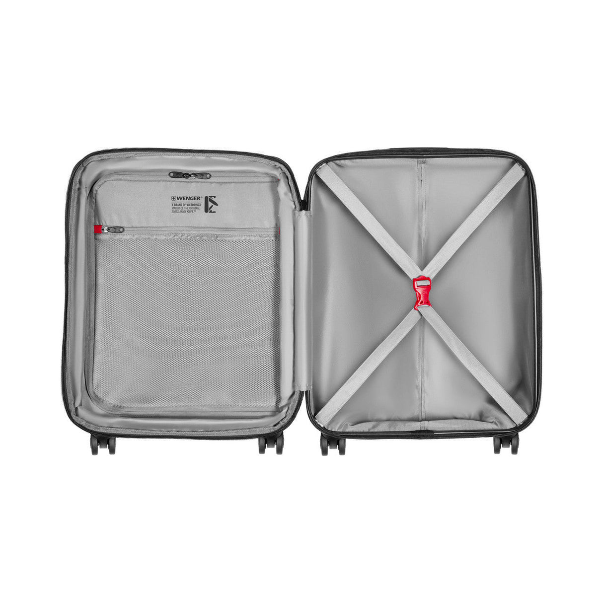 Open hard-shell suitcase showing interior compartments and straps.