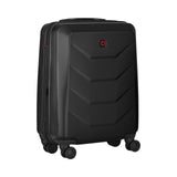 Black hardshell rolling suitcase with a geometric pattern and red accents.