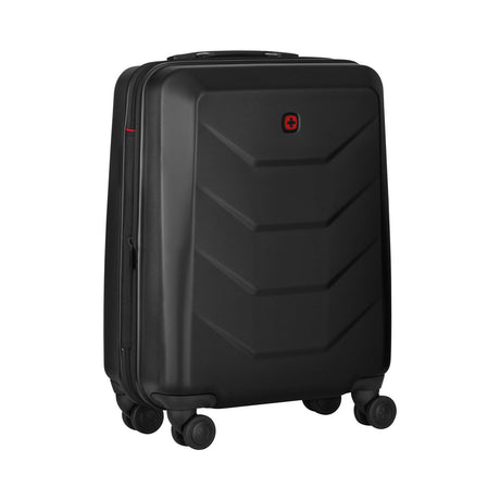 Black hardshell rolling suitcase with a geometric pattern and red accents.