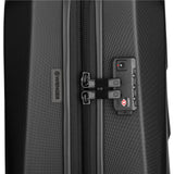 TSA-approved lock on a black hardshell suitcase zipper.