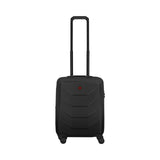 Black hardshell carry-on suitcase with retractable handle and wheels.
