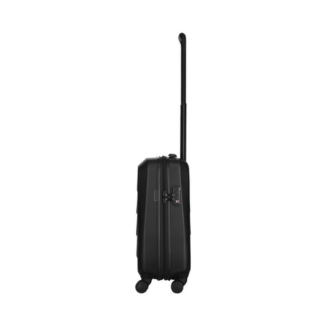 Black hardshell rolling suitcase with an extendable handle.
