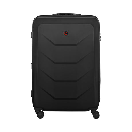 Black hardshell rolling suitcase with a Swiss Army logo.