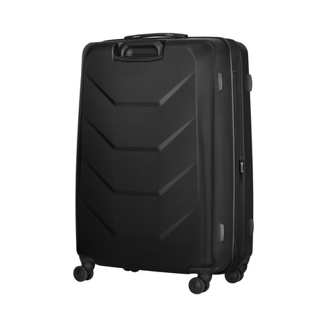 Black hardshell rolling suitcase with chevron-patterned exterior.
