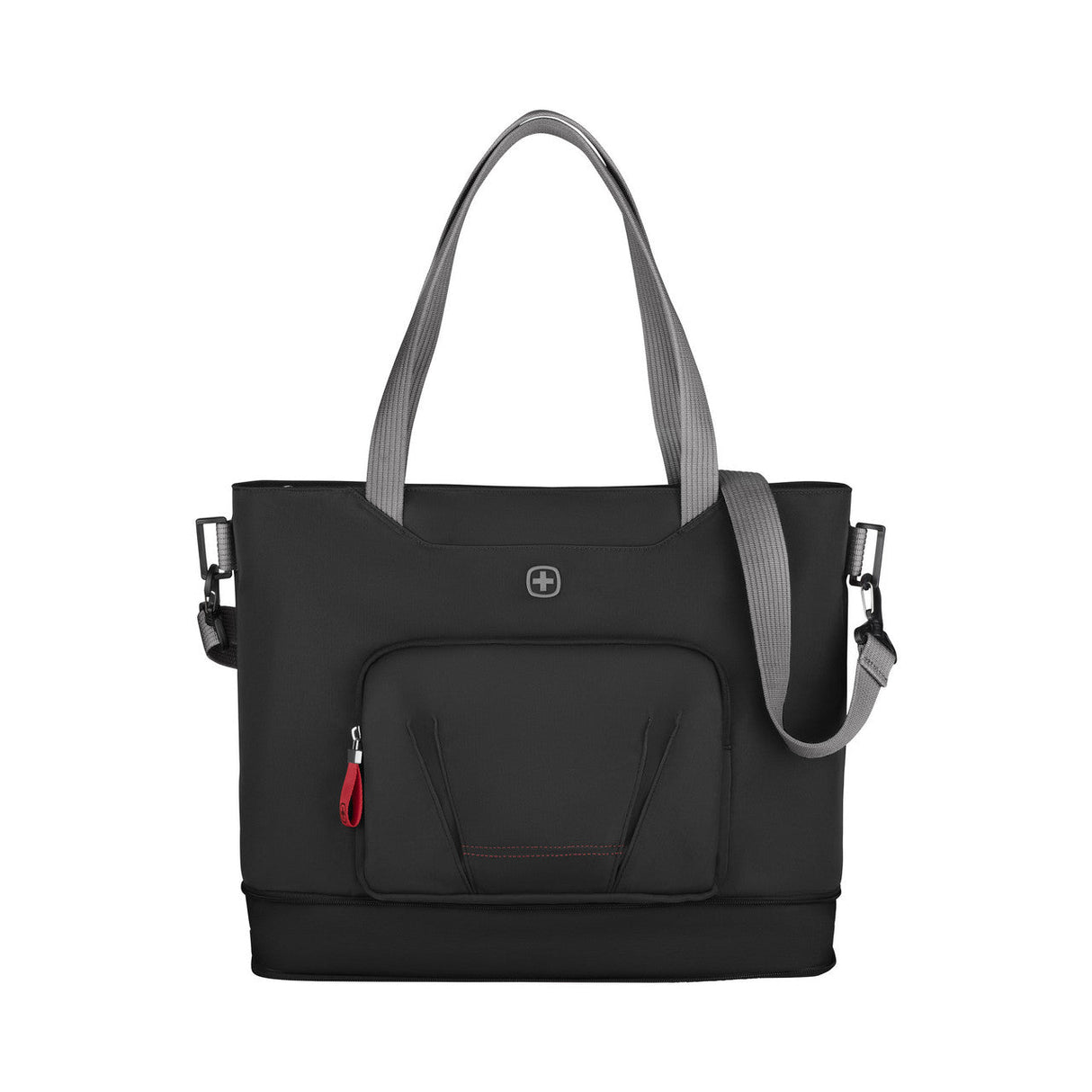 Black tote bag with gray handles and a detachable shoulder strap.