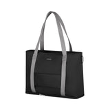 Black tote bag with gray straps.