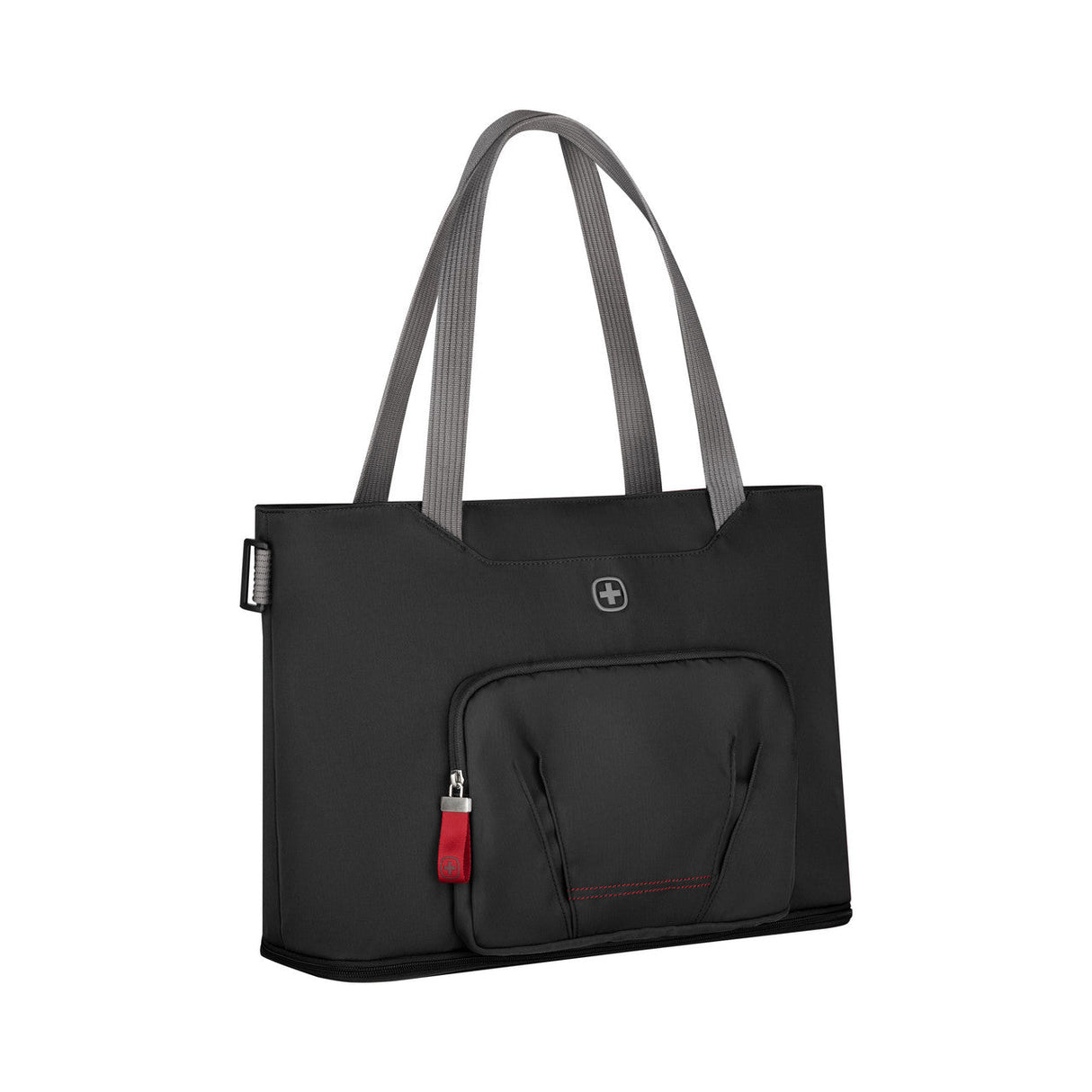 Black tote bag with gray handles and a red zipper pull.