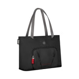 Black tote bag with gray handles and a red zipper pull.