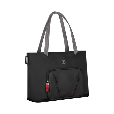 Black tote bag with gray handles and a red zipper pull.