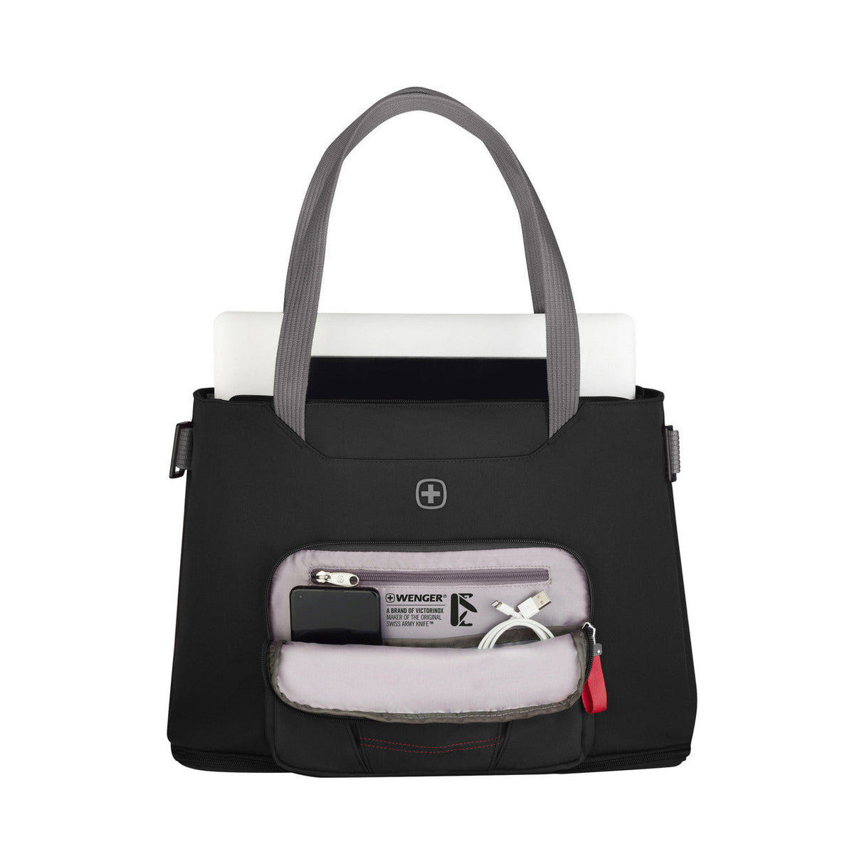 Black handbag with gray handles and a visible front pocket containing personal items.