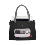 Black handbag with gray handles and a visible front pocket containing personal items.