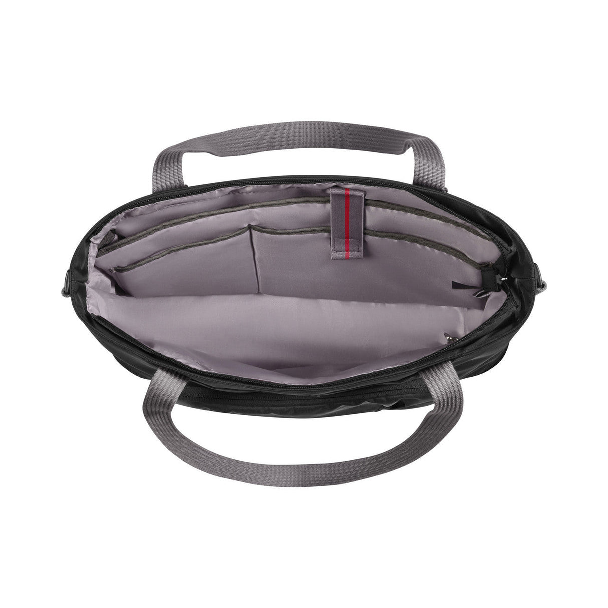 Open tote bag with gray interior compartments and handles.